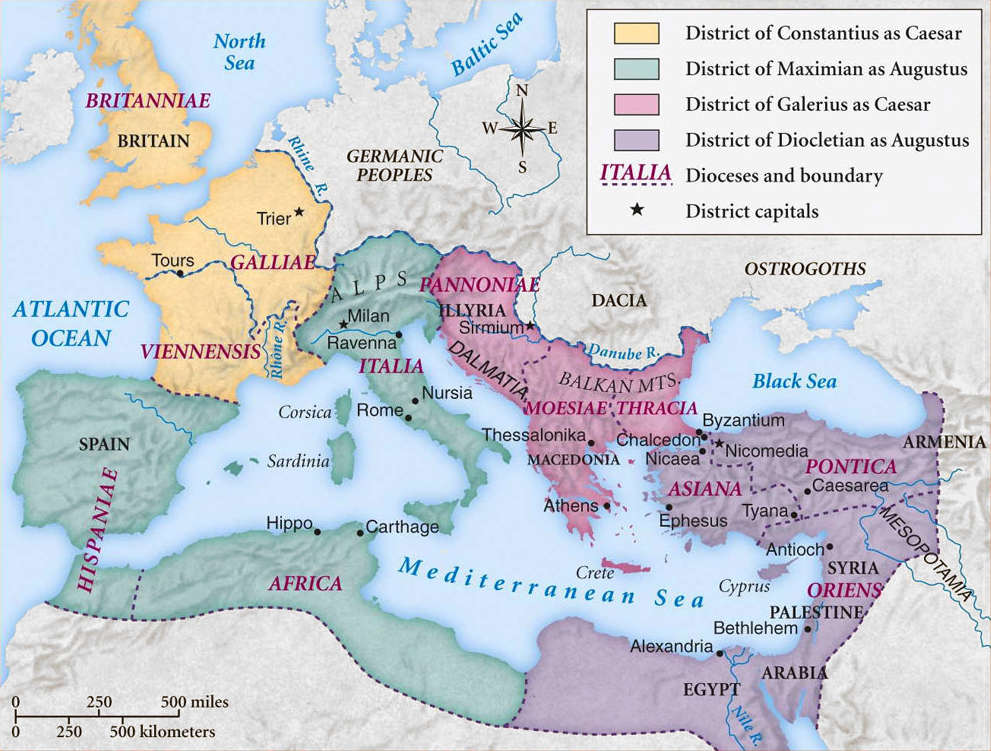 Carte de la séparation territoriale pendant le tetrarchie.