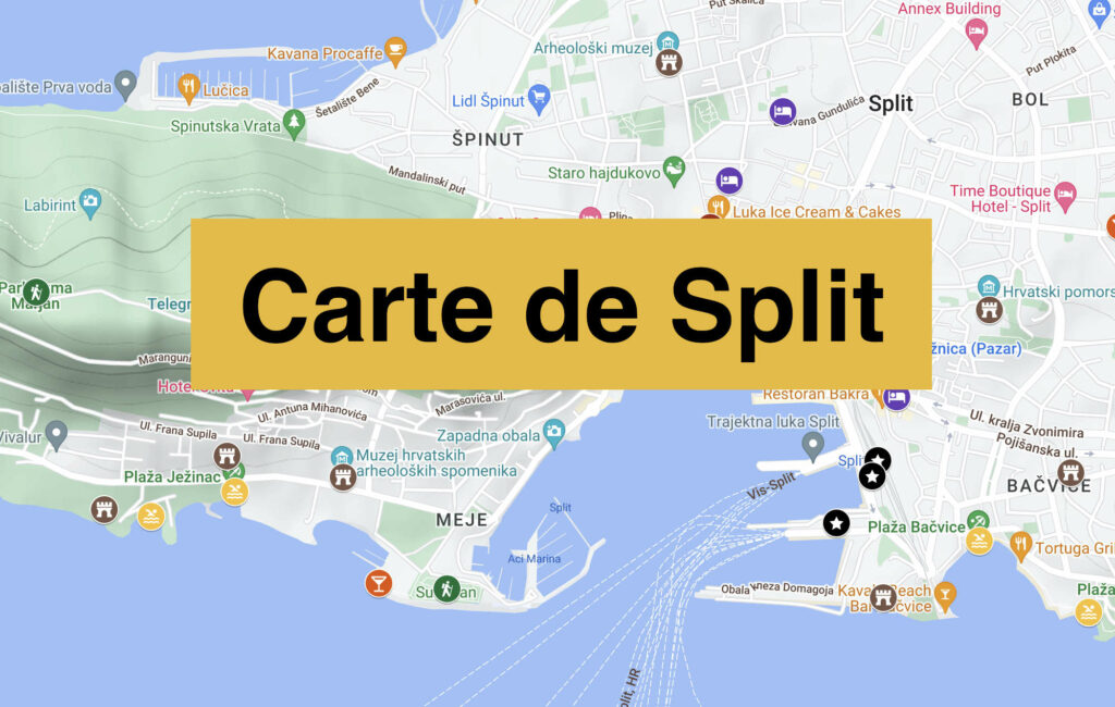 Carte détaillée de Split avec tous les lieux du guide.