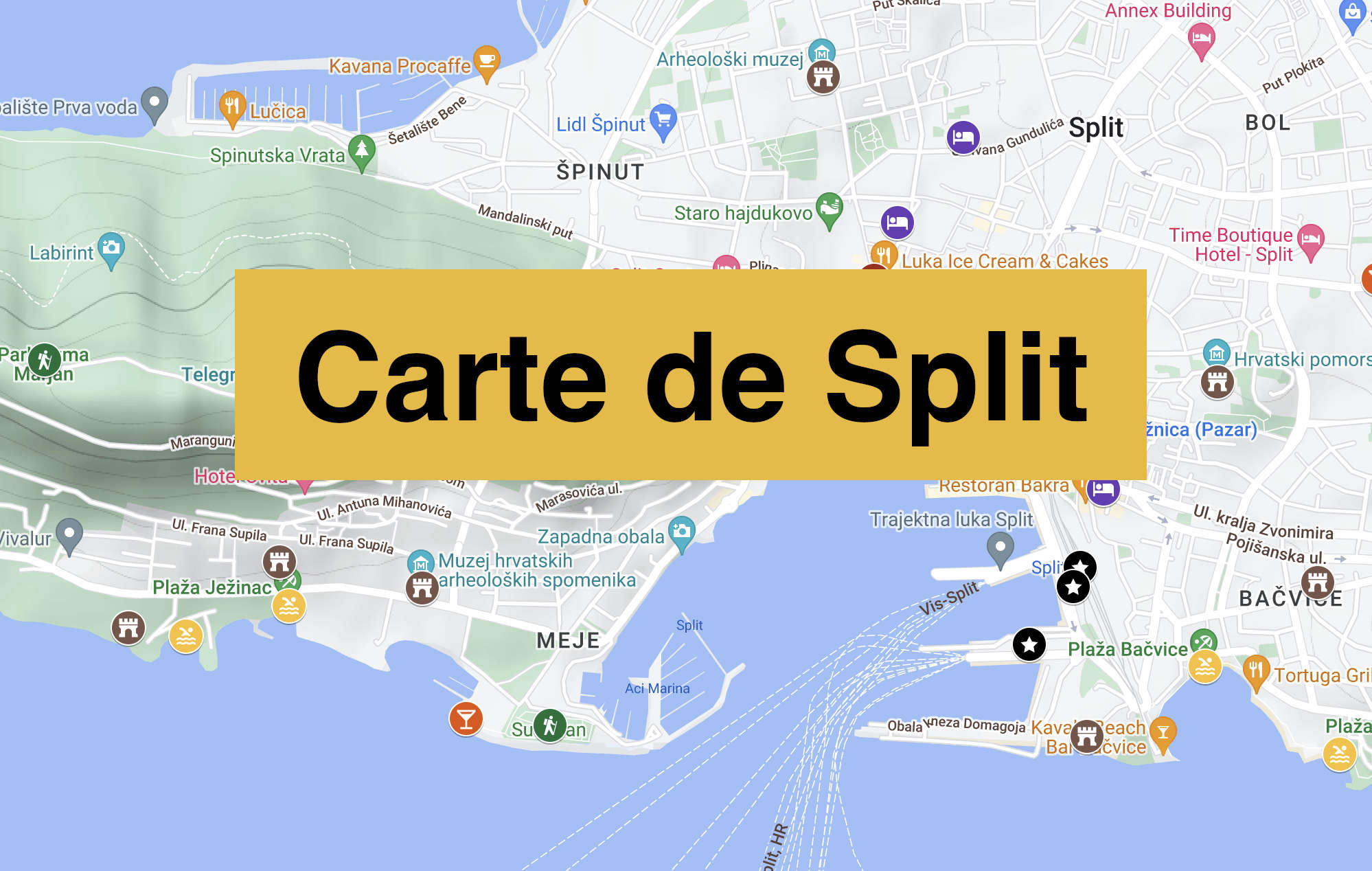 Lire la suite à propos de l’article Carte de Split avec tous les lieux du guide