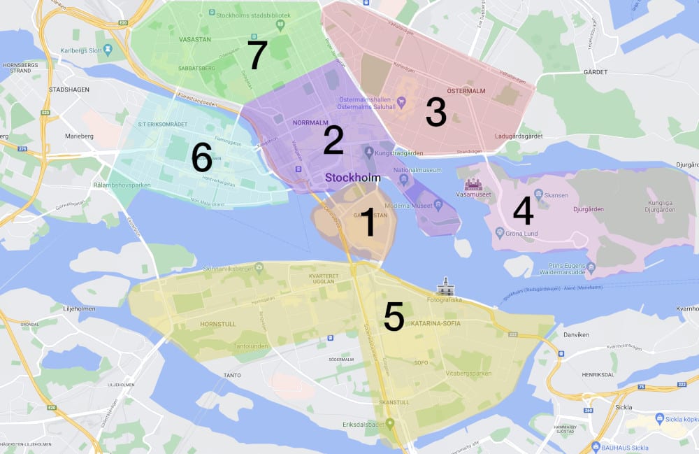Carte des quartiers de Stockholm.