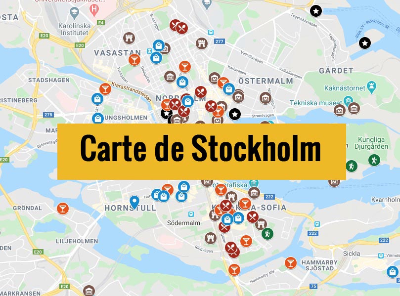 Carte de Stockholm (Suède) avec tous les lieux du guide touristique.