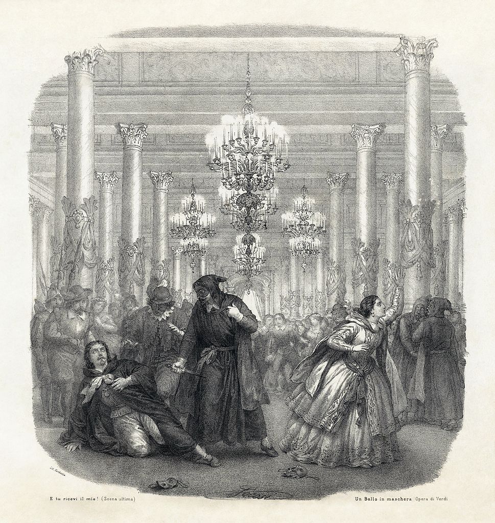 Attention spoiler ! Illustration de la scène finale "Un bal masqué" de Verdi par Roberto Focosi