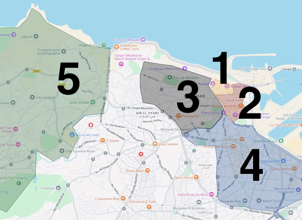 Carte des quartiers de Tanger : 1. Kasbah, 2. Médina, 3. Marshan 4. Centre-ville moderne, 5. Quartier de la montagne.  