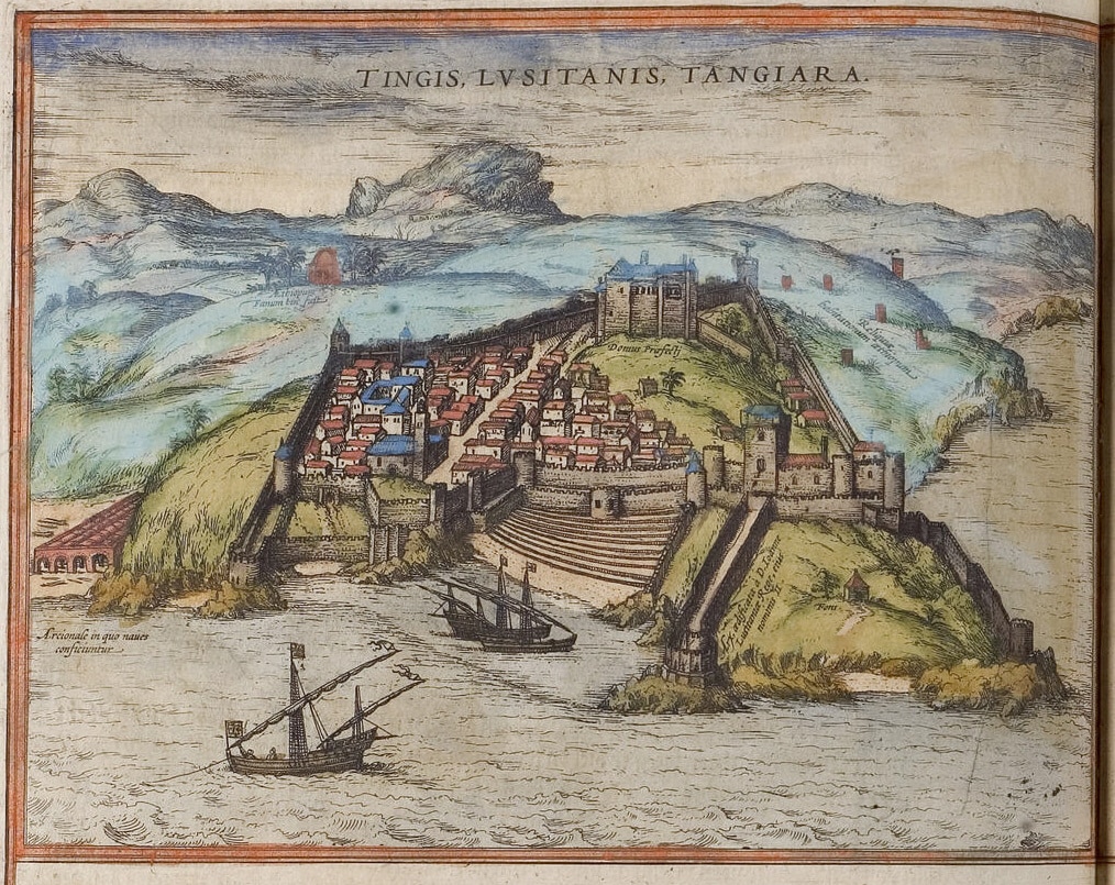 Histoire : Vue sur Tanger vers 1572 par Braun. Le chateau est devenu la Casbah.