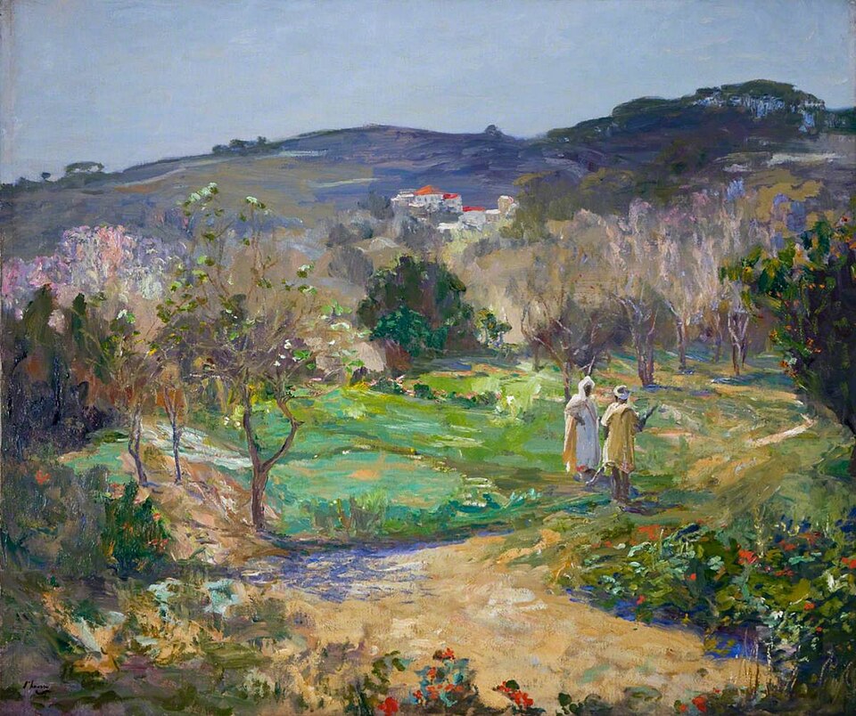 Paysade du quartier de la Montag,e à Tanger avant son urbanisation. Toile de John Lavery "A Moorish Garden in Winter".