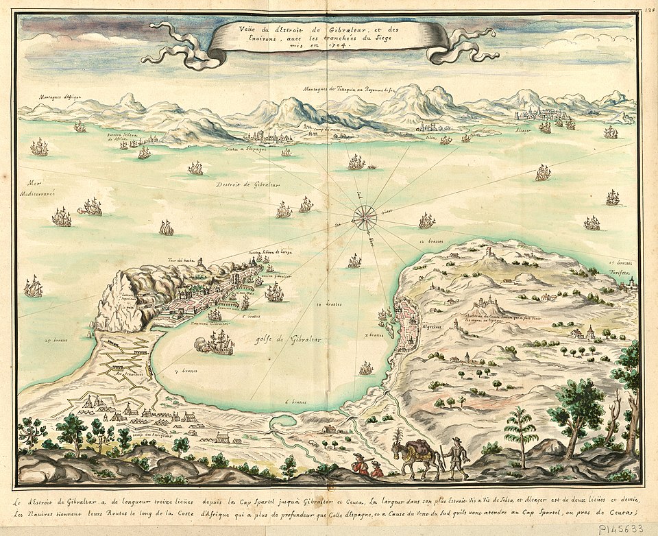 Detroit de Gibraltar par Louis Boudan avec Gibraltar faisant face à Ceuta et Tanger à Tarifa.