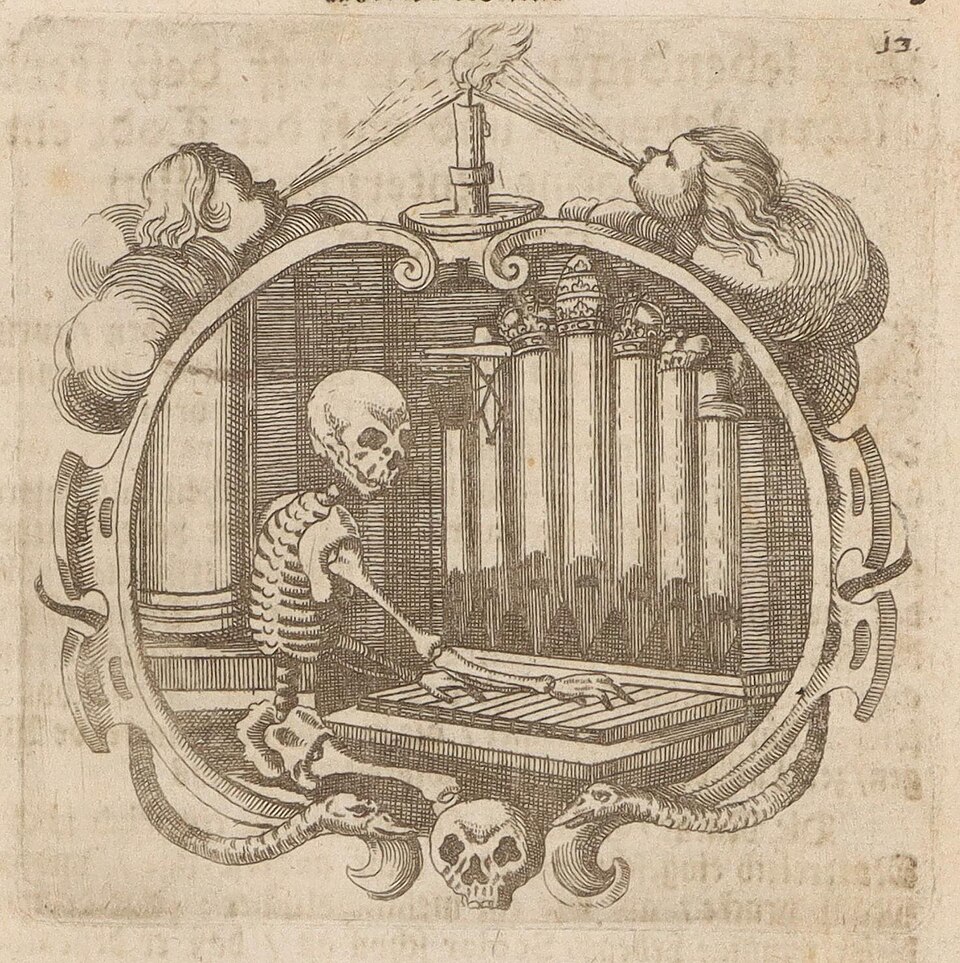 Illustration d'un livre consacré à la peste à Vienne par le moine autrichien Abraham a Sancta Clara.