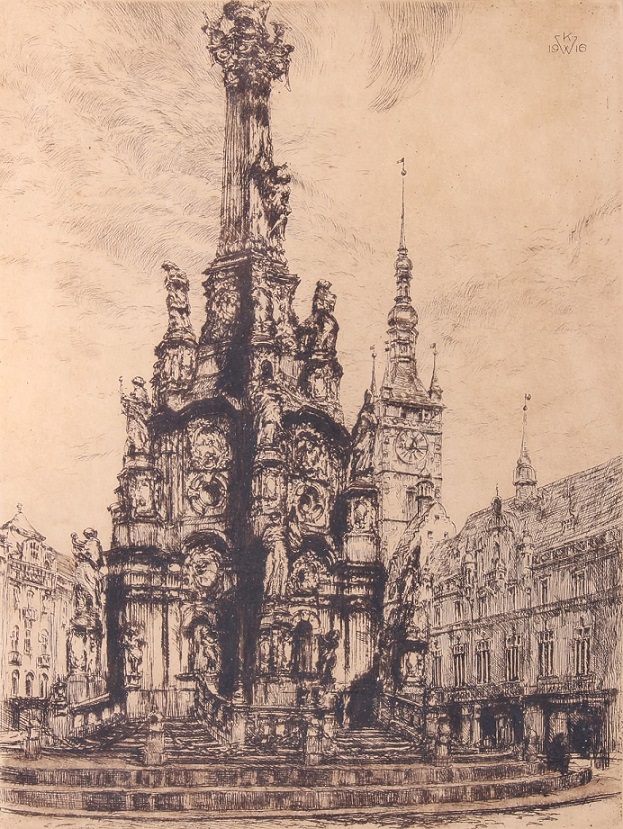 Illustration de la statue de la Sainte Trinité à Olomouc par Karel Wellner (1916).