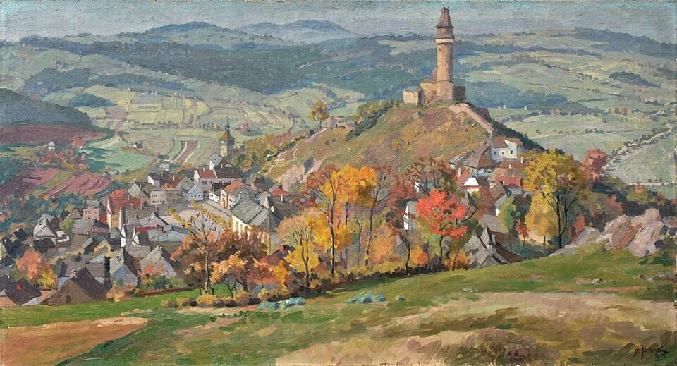 Vue sur Stramberk et sur la tour de son ancien chanteau médieval - Tableau de Bohumir Jaronek (1904)