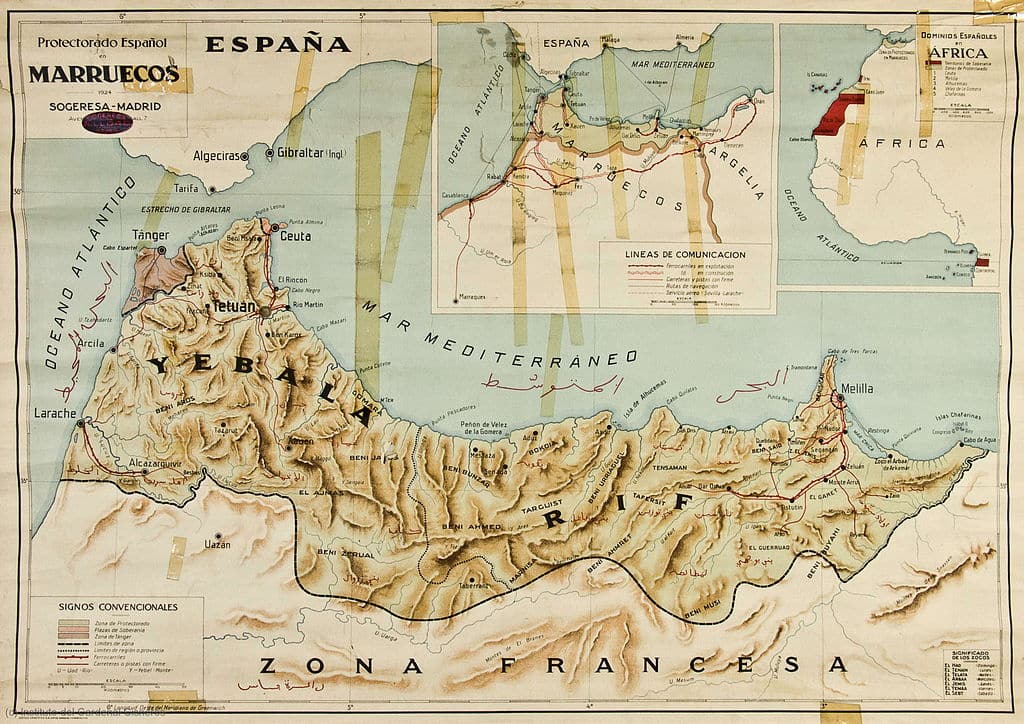 Carte du protectorat espagnol au Maroc en 1924. La region montagneuse du Rif entre les deux enclaves historiques de Ceuta et Mellila.