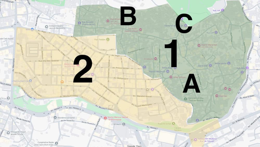 Carte de Tétouan : 1. Quartier de la médina avec l'ancien quartier juif du Mellah (A), le quartier de la Casbah en surplomb (B) et le quartier des tanneries et des cimetières (C). 2. Le quartier occidental d'El Ensanche.