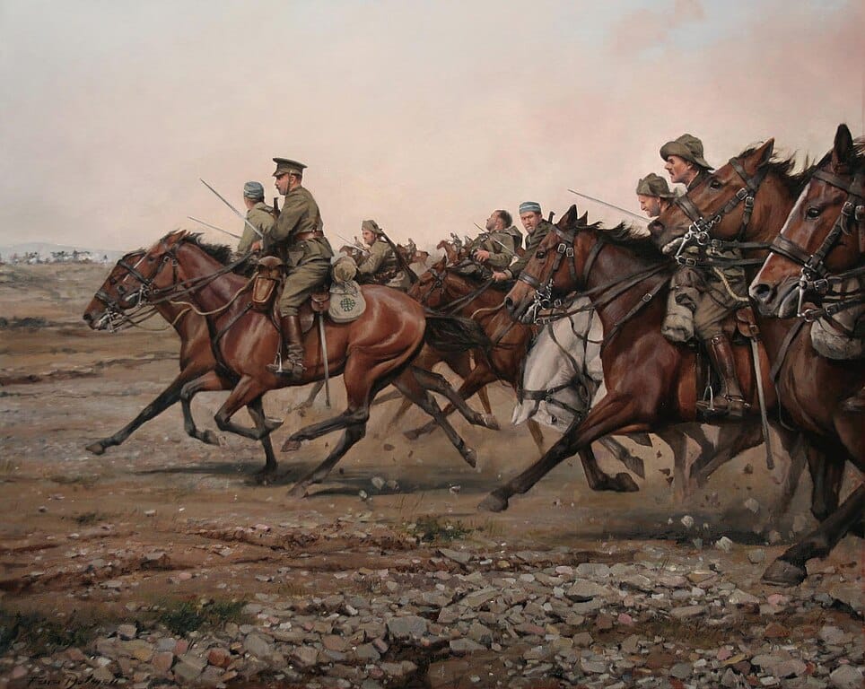 La charge du 14e régiment de cavalerie des Cazadores de Alcántara lors de la retraite de l'armée espagnole après la bataille d'Anoual. Sabre espagnol contre fusil rifain. Peinture de Augusto Ferrer Dalmau - licence ccbysa 3.0