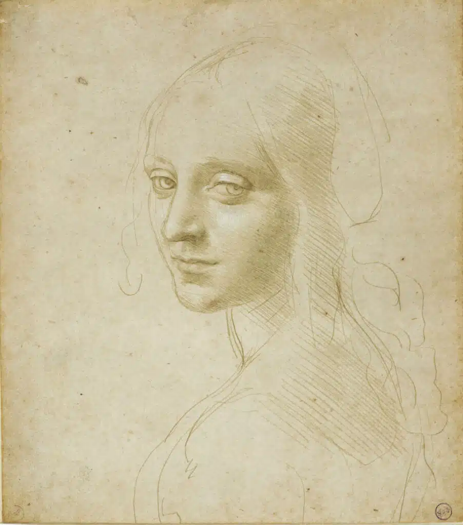 Tête d'une femme par Leonard de Vinci dans la bibliothèque du Palais Royal de Turin.