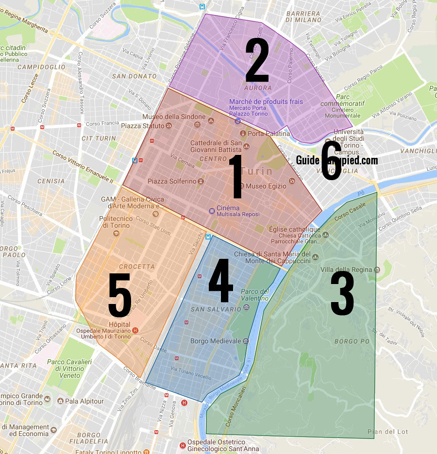 Carte des quartiers de Turin : 1. Centre Ville et vieille ville de Turin. 2. Aurora : Marchés et quartier populaire et ethnique. 3. Borgo Po : Quartier vert. 4. San Salvario : Vie nocturne et joli parc. 5. Crocetta : Quartier résidentiel chic.