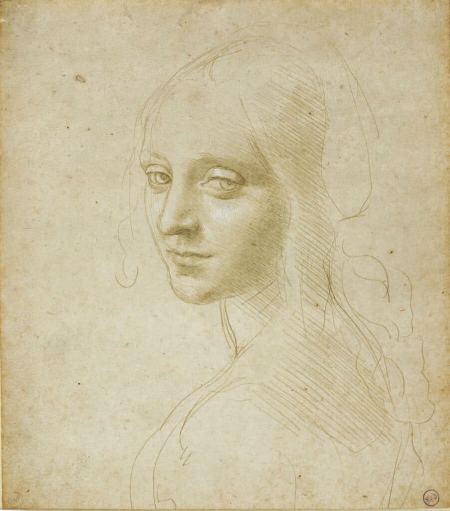 Tête d'une femme par Leonard de Vinci dans la bibliothèque du Palais Royal de Turin.