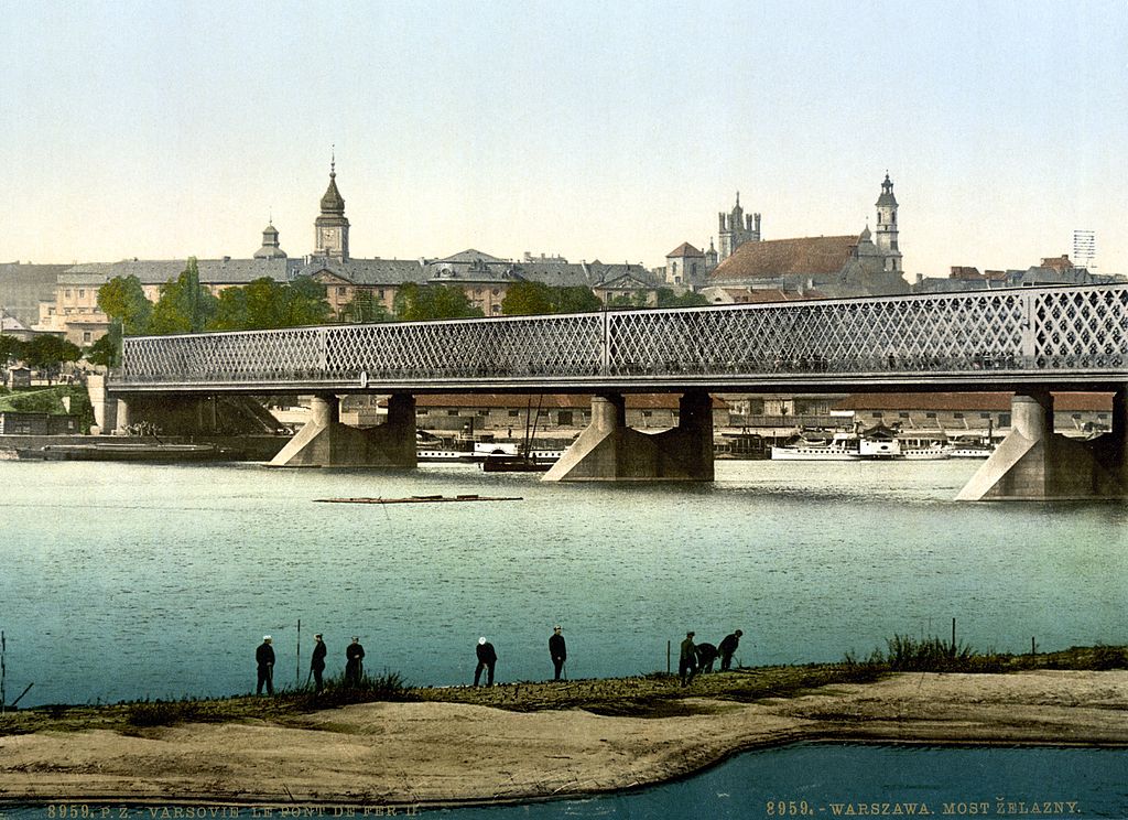 Pont sur la Vistule reliant la Vieille Ville de Varsovie au quartier de Praga vers 1900.