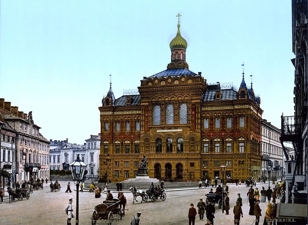 Palais Staszic et statue de Copernic dans le Varsovie des années 1900.