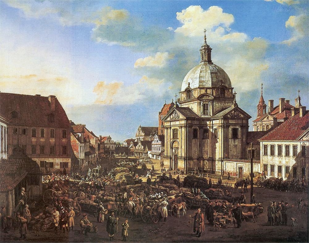 Place du marché de la Nouvelle ville et Eglise Saint Casimir à Varsovie par Bellotto (appellé Canaletto).