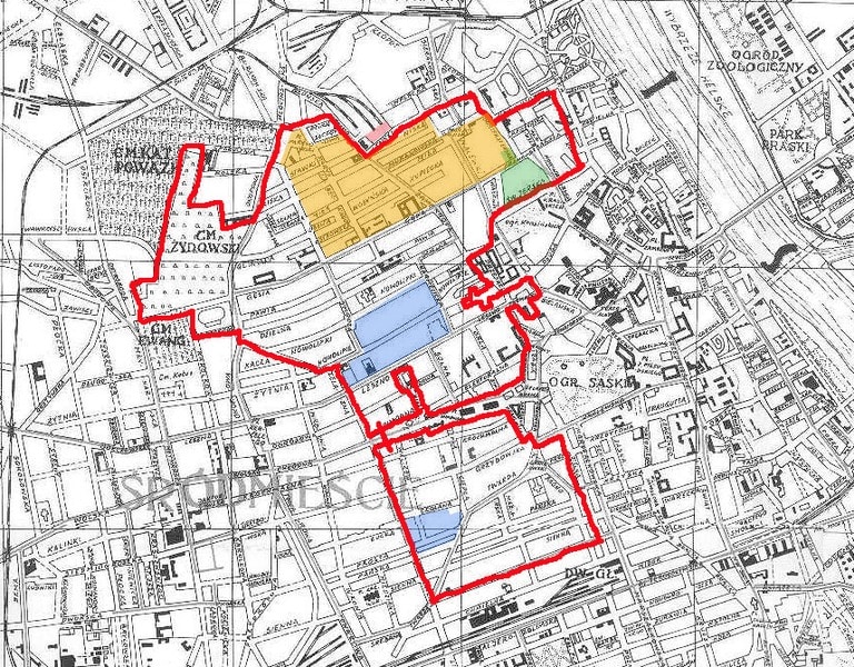 Plan du ghetto de Varsovie : A l'est le cimetière juif, au nord en rose l'embarquement pour le camp d'extermination de Treblinka.