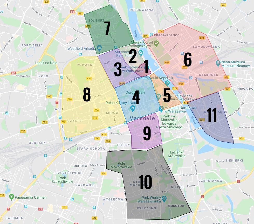 Carte des quartiers de Varsovie : 1. Vieille Ville 2. Nouvelle Ville 3. Muranow 4. Centre Nord 5. Powisle et Mariensztat 6. Praga nord et sud 7. Zoliborz 8. Wola 9. Centre Sud 10. Mokotow 11. Saska Kepa