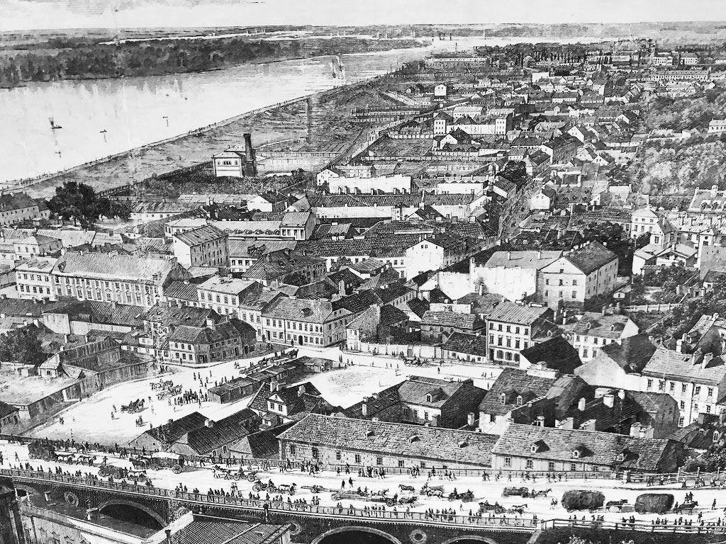 Vue sur le quartier de Mariensztat et Powisle avant 1900 à Varsovie.