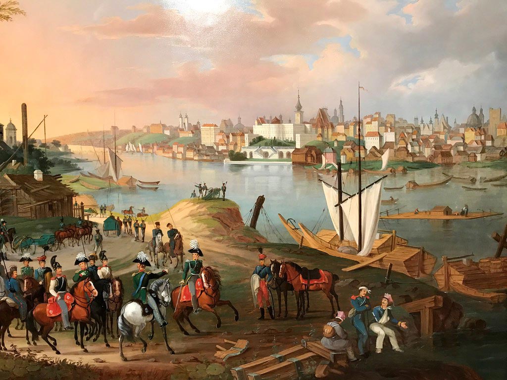 Vue sur Varsovie depuis Praga au 19e siècle. Dans le musée de Praga.