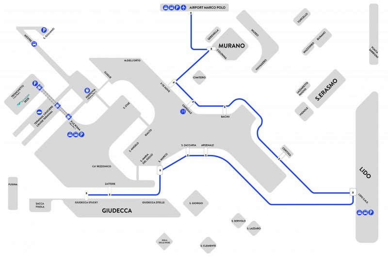 Carte des arrêts de la navette reliant l'aéroport Marco Polo et Venise.