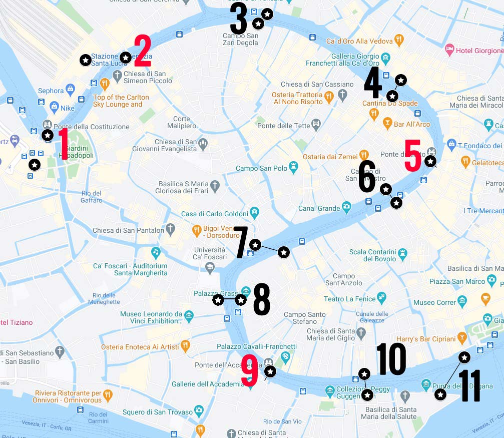 Carte du Grand Canal avec les points de passage : Ponts ou traghetto.