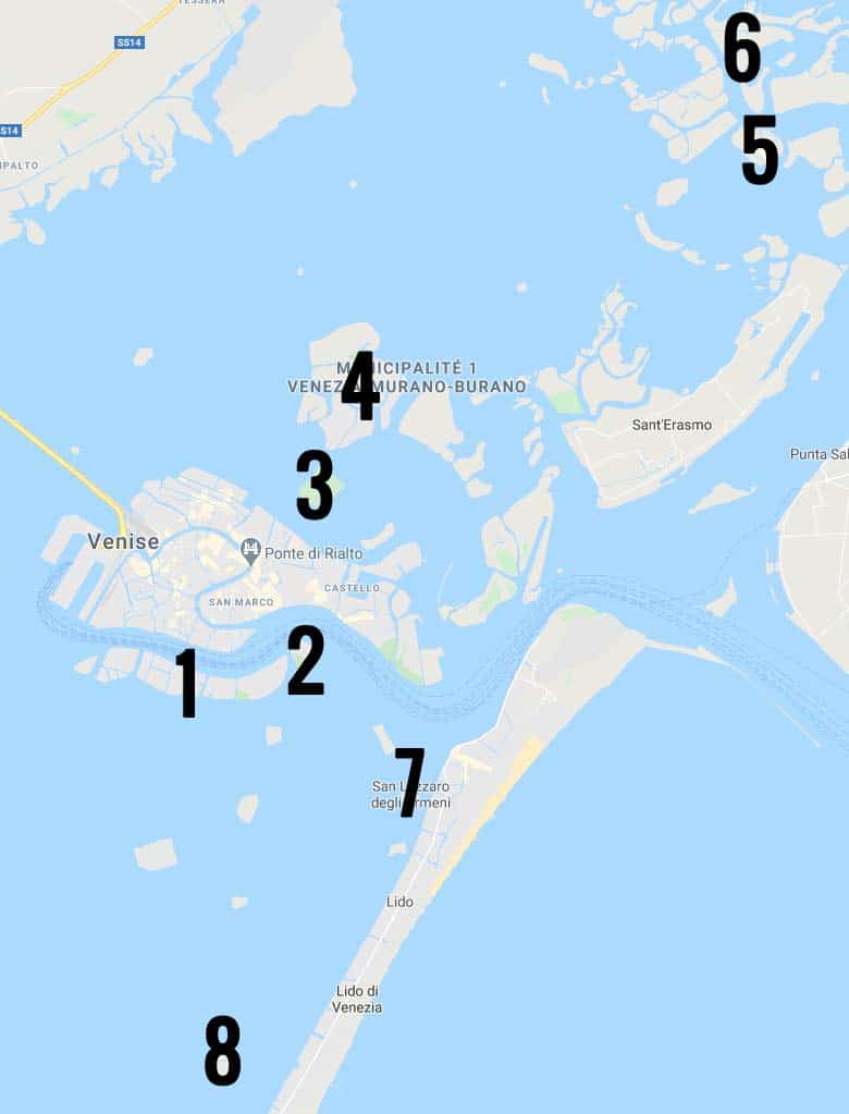 Iles de la lagune de Venise : 1. Giudecca 2. San Giorgio Maggiore 3. San Michele 4. Murano 5. Burano 6. Torcello 7. San Lazzaro degli Armeni 8. Poveglia