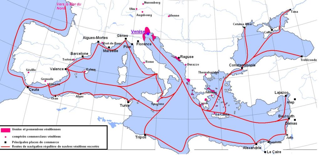 Routes commerciales de Venise au Moyen-age. Image d'Aliesin / Wikipedia.