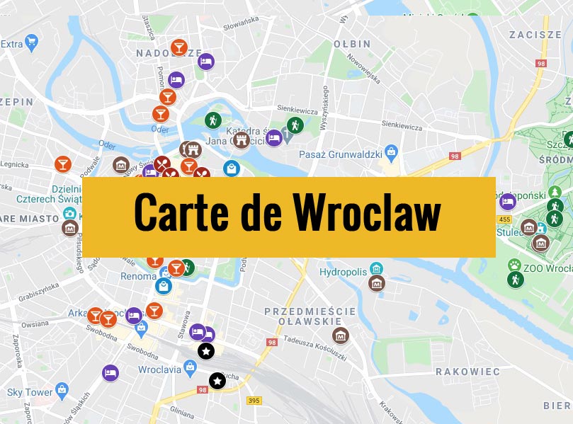 Carte de Wroclaw (Pologne) avec tous les lieux du guide touristique.