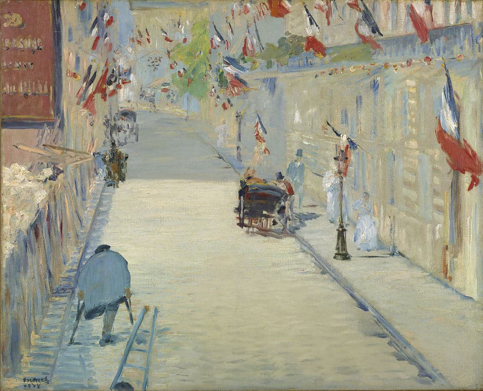 Toile d'Édouard_Manet "La rue Mosnier avec drapeaux" (1878) au Getty Center, musée d'art de Los Angeles.